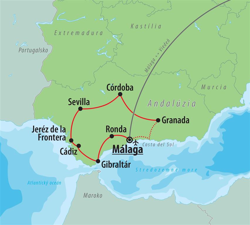CK Turancar, Letecký poznávací zájazd, Španielsko, Andalúzia - križovatka kultúr, mapa