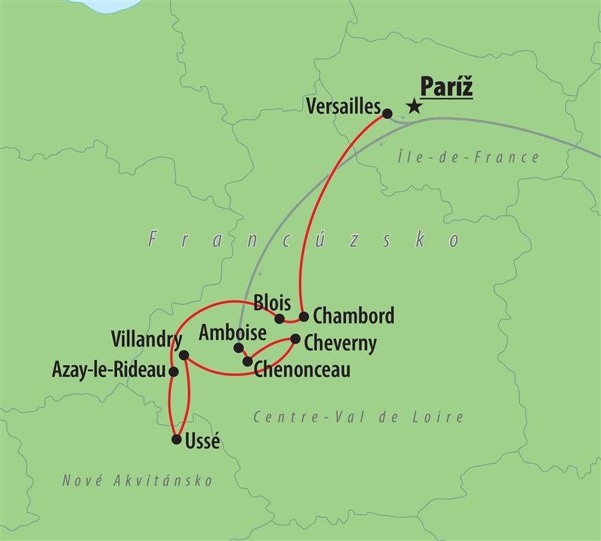 CK Turancar, autobusový poznávací zájazd, Najkrajšie francúzske zámky, mapa