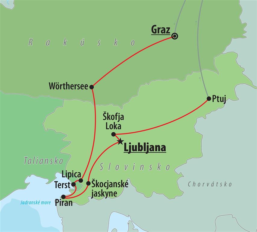 CK Turancar, autobusový poznávací zájazd, Rakúsko - Taliansko - Slovinsko, mapa