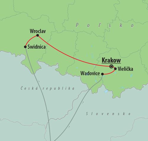 CK Turancar, autobusový poznávací zájazd, Krakow a Wroclaw, mapa