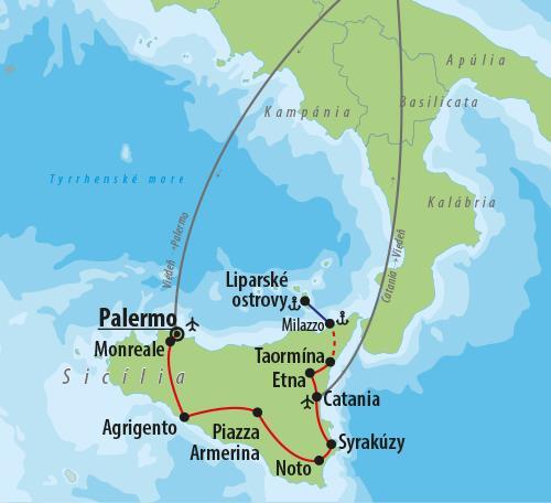 CK Turancar, Letecký poznávací zájazd, Sicília a Liparské ostrovy, mapa