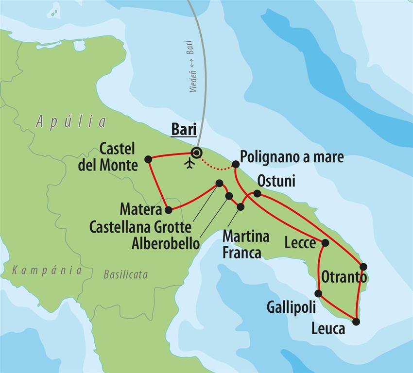 CK Turancar, letecký poznávací zájazd, Apúlia - klenot na juhu Talianska, mapa
