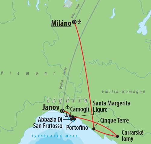 CK Turancar, letecký poznávací zájazd, Ligúria- kráľovstvo pestrofarebných útesov, mapa