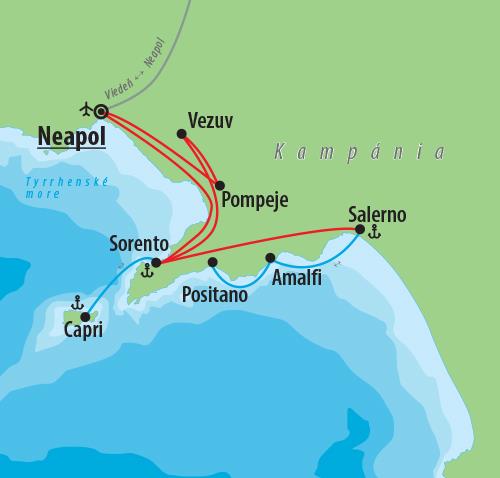 CK Turancar, Letecký poznávací zájazd, Kampánia a čarovný ostrov Capri, mapa