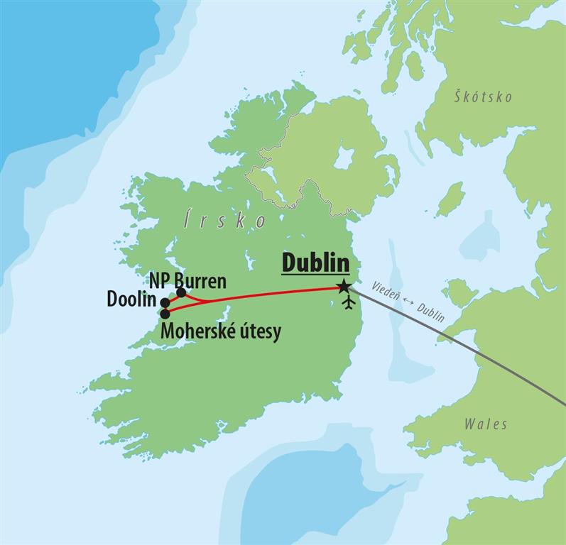 Dublin a Moherské útesy, letecký poznávací zájazd, mapka