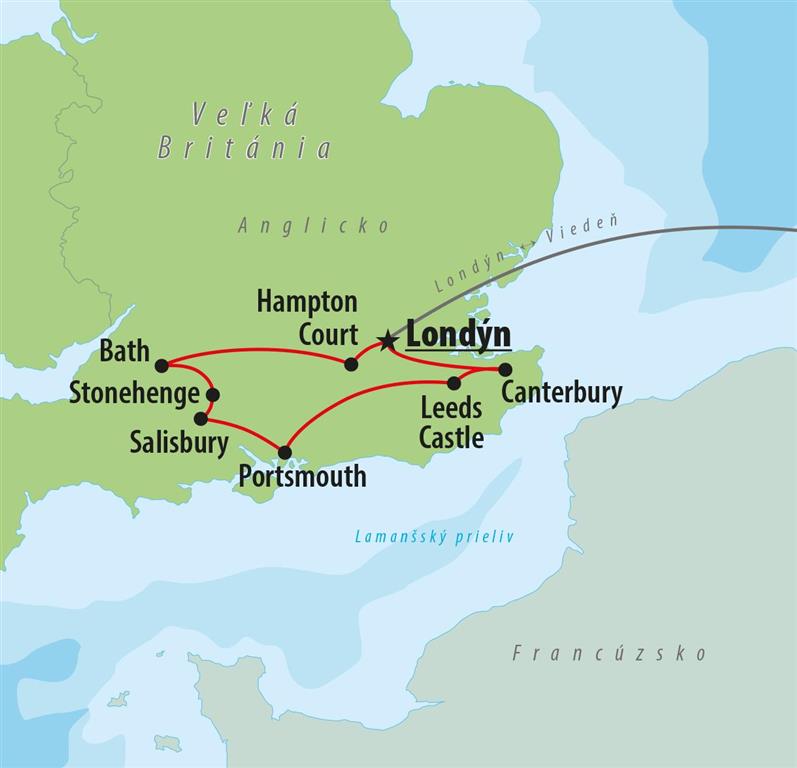 CK Turancar, Letecký poznávací zájazd, Veľká Británia, Okruh južným Anglickom, mapka