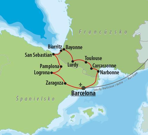 CK Turancar, Letecký poznávací zájazd, Mestá pod Pyrenejami, mapa