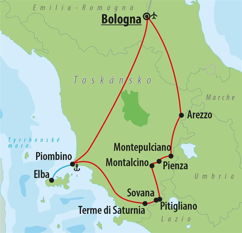 CK Turancar, letecký poznávací zájazd, Zákutia Toskánska a ostrov Elba, mapa