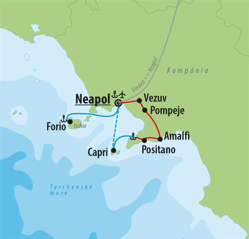 CK Turancar, Letecký poznávací zájazd, Kampánia a zázračná Ischia, mapa