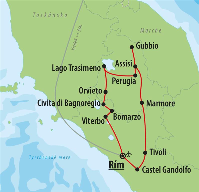 CK Turancar, letecký poznávací zájazd, Tajomstvá Umbrie a Lazia, mapka