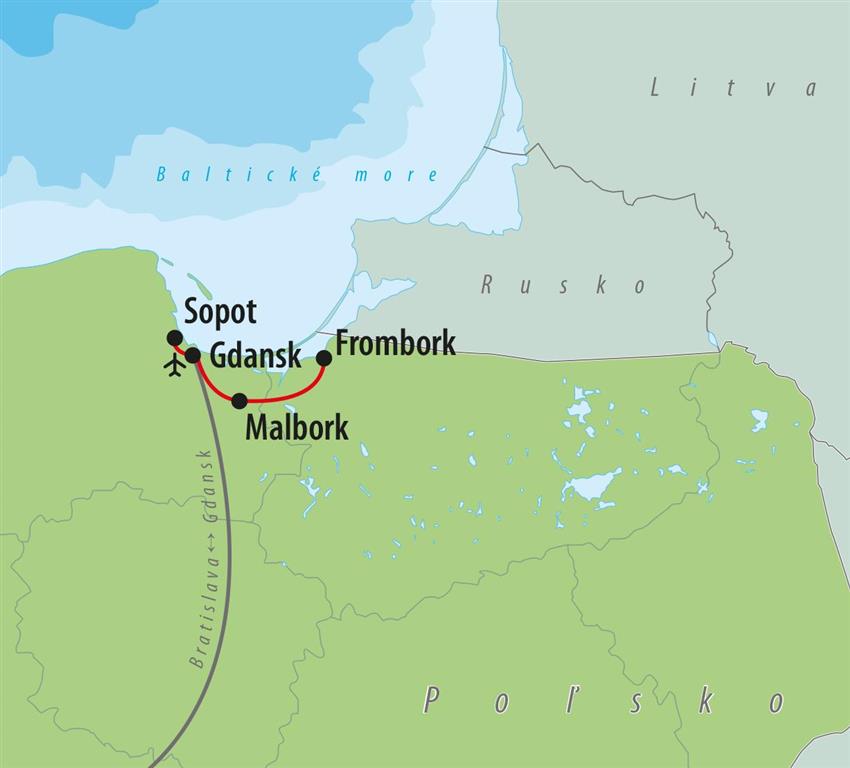 CK Turancar, letecký poznávací zájazd, Poľsko - baltské pobrežie, Gdansk, mapka