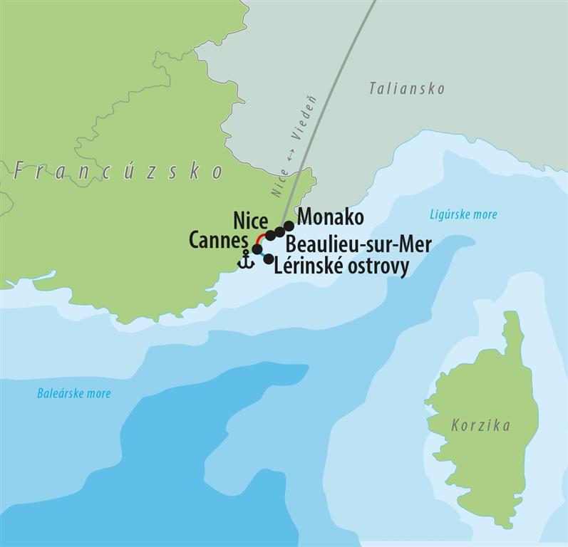 CK Turancar, Letecký poznávací zájazd, čaro Francúzskej riviery, mapka