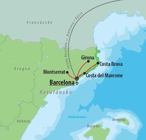 CK Turancar, Letecké poznávacie zájazdy, Španielsko, Barcelona, Girona a Montserrat s kúpaním, Mapka