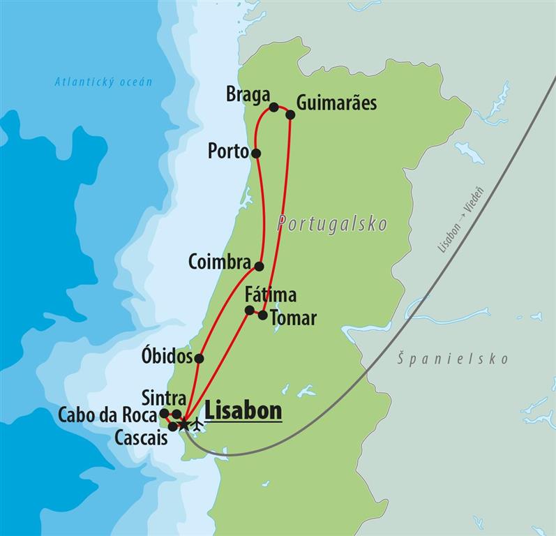 CK Turancar, Letecký poznávací zájazd, Portugalsko, Zem moreplavcov a slnka, mapka