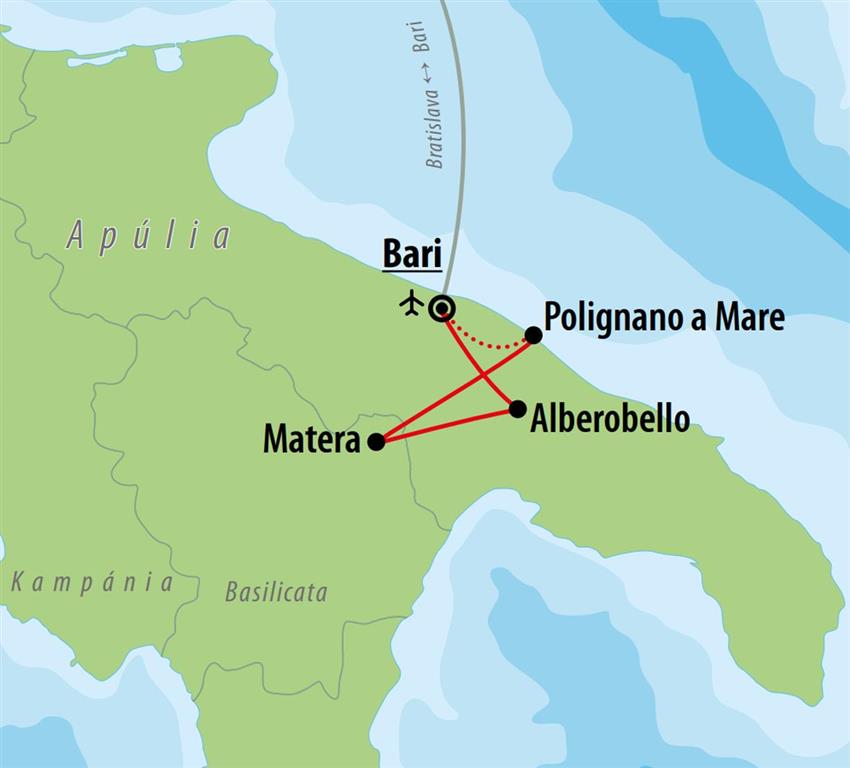 CK Turancar, Letecký poznávací zájazd, Taliansko, Apúlia, mapka