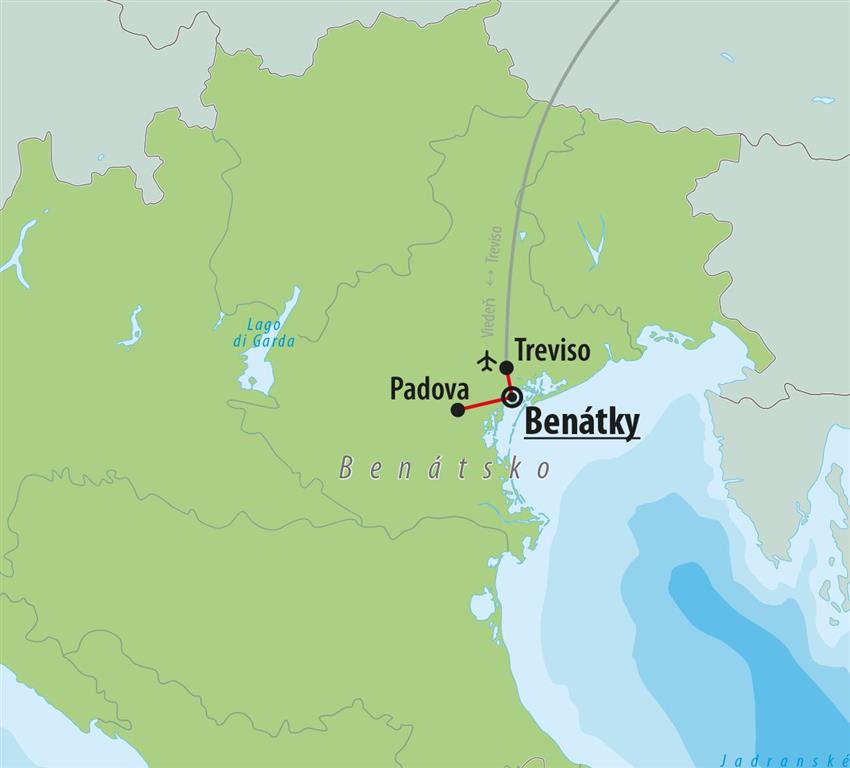 CK Turancar, Letecký poznávací zájazd, Taliansko, Karnevalové Benátky a výlet do Padovy, mapka