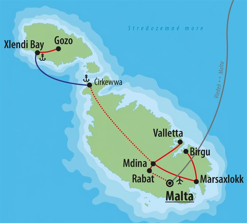 . Letecký poznávací zájazd CK Turancar, Malta – historická mozaika, mapka
